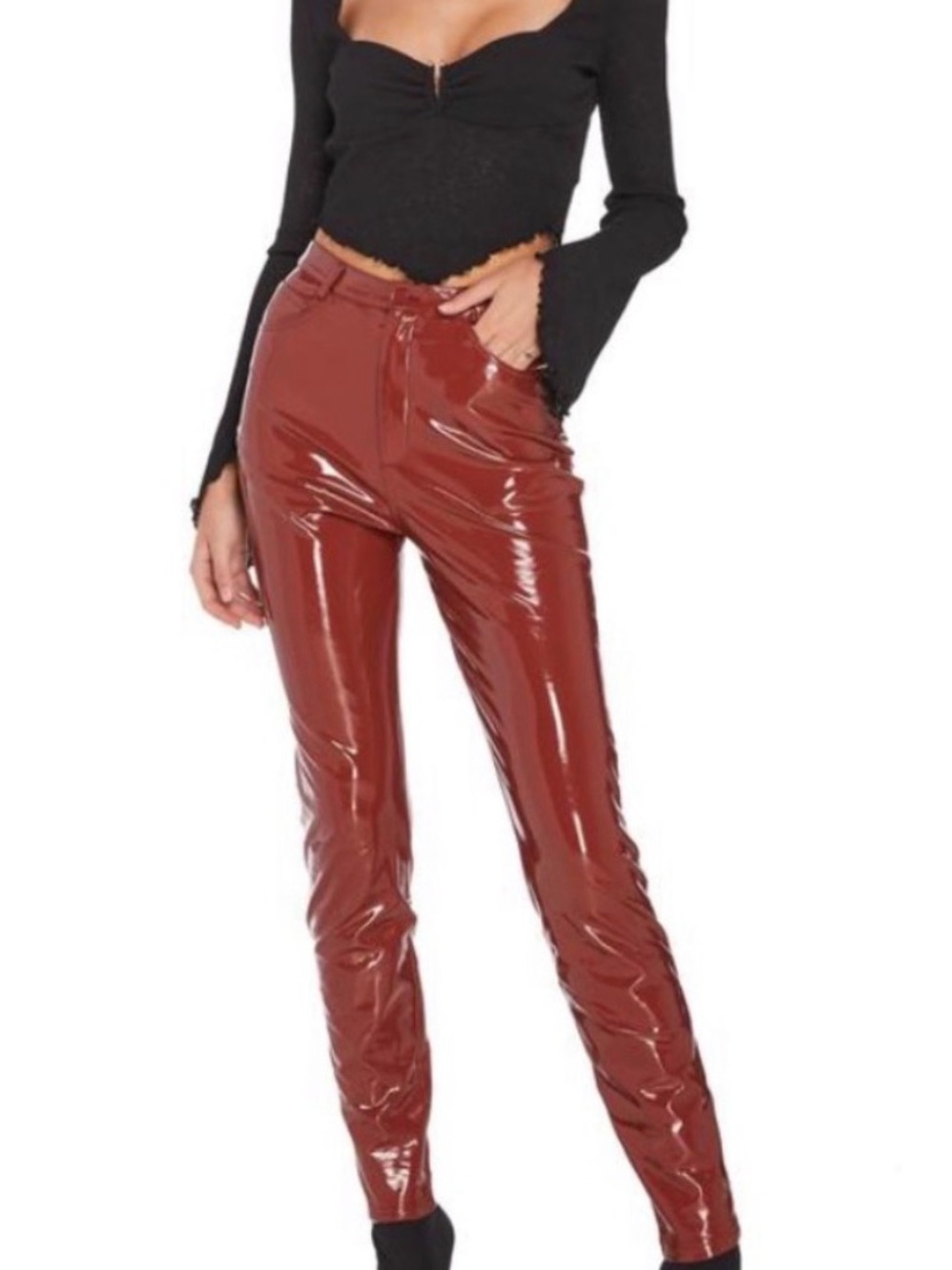 High-Shine Skinny Latex Pants in Burgundy